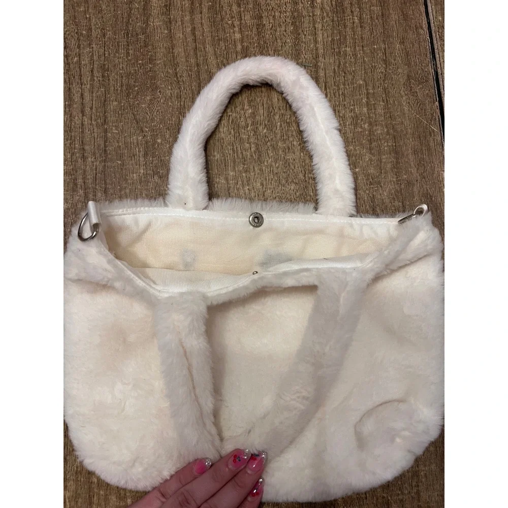 Hello Kitty Mini White Fuzzy Tote With Bow Missing Crossbody Strap Sanrio Kawaii